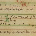 Matérialisation graduelle des lignes et emploi de la couleur : fa rouge et do vert. Le ré et le la sont indiqués par des lettres – Tropaire de Saint-Evroult (Paris, BnF, lat. 10508, f. 10r)