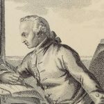 dessin d'emmanuel kant à son bureau, tenant une plume